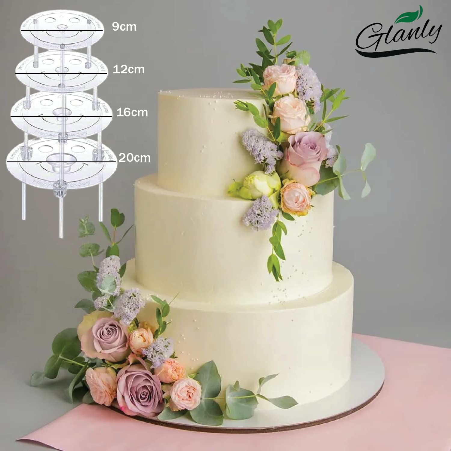 Glanly 4-Piece Clear Plastic Cake Stand Set with 20 White Support Rods - Sturdy Tiered Cake Separator Plates for 4,6,8,10 Inch Cakes - Perfect for Wedding, Birthday Party & Dessert Table Displays