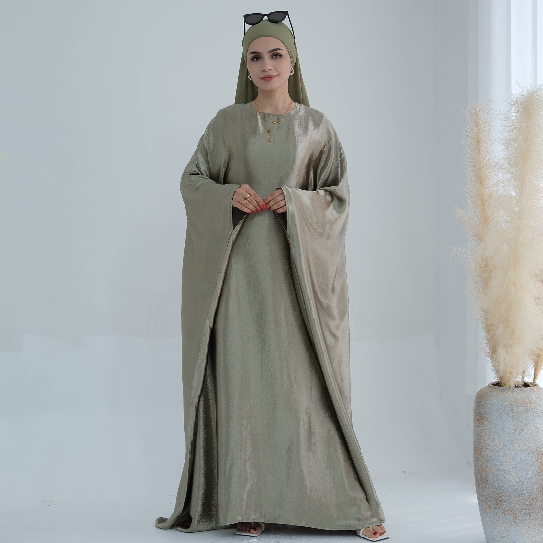 Elegant Alisha Butterfly Satin Abaya Dress - Sage Green Islamic Prayer Gown for Women | Perfect for Eid, Mosque & Special Occasions