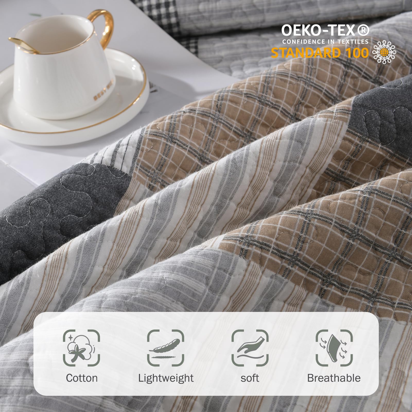 Y-PLWOMEN 100% Cotton Plaid Quilt Queen Size - Farmhouse Style Bedding Set with 2 Pillow Shams, Breathable Lightweight Comforter & Quilted Bedspread (90x98 Inches, Grey Brown) - Perfect for Cozy Farmhouse Bedrooms, Guest Rooms & Seasonal Home Decor