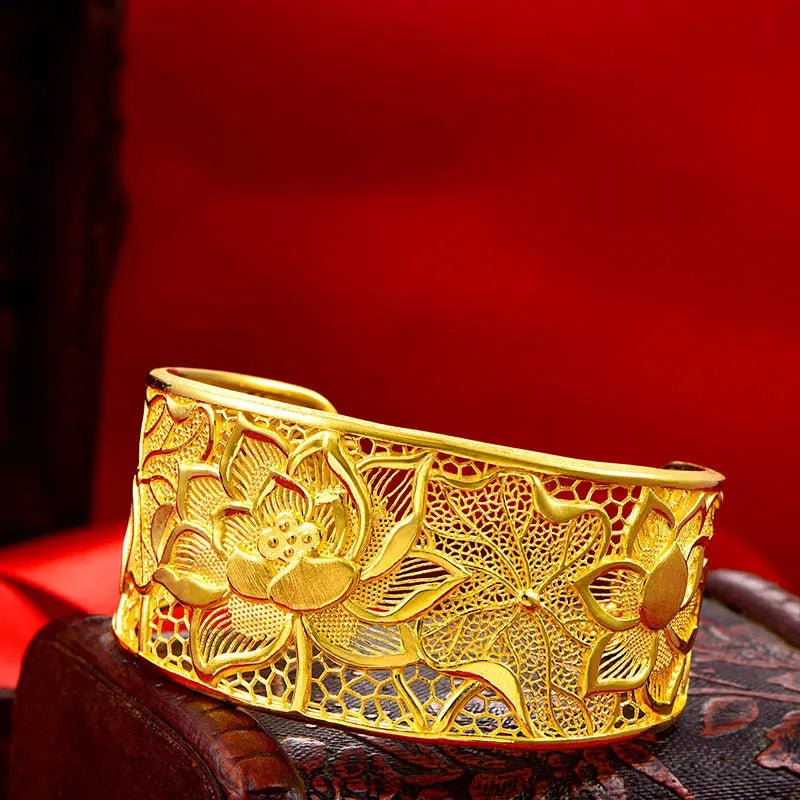24K Pure Gold Bracelet - 999 Solid Real Gold Bangle with Elegant Flower Design, Romantic & Classic Jewelry for Women | Perfect for Gifts, Weddings, Anniversaries & Special Occasions