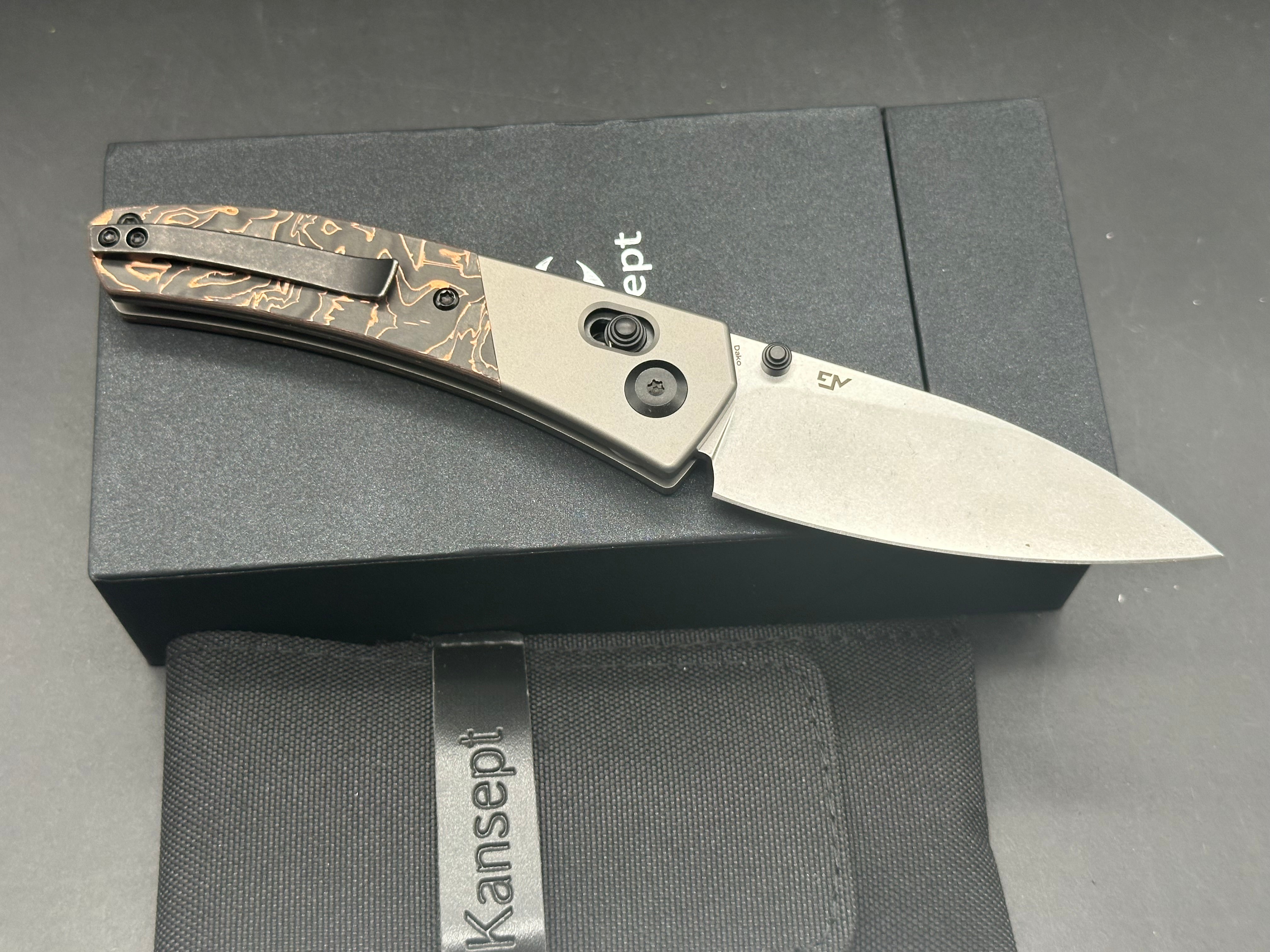 Premium KANSEPT DAKO Titanium/Copper Folding Knife with Carbon Fiber Handle - S35VN Steel Plain Edge, Stonewash Finish - Perfect for EDC, Outdoor Adventures & Camping