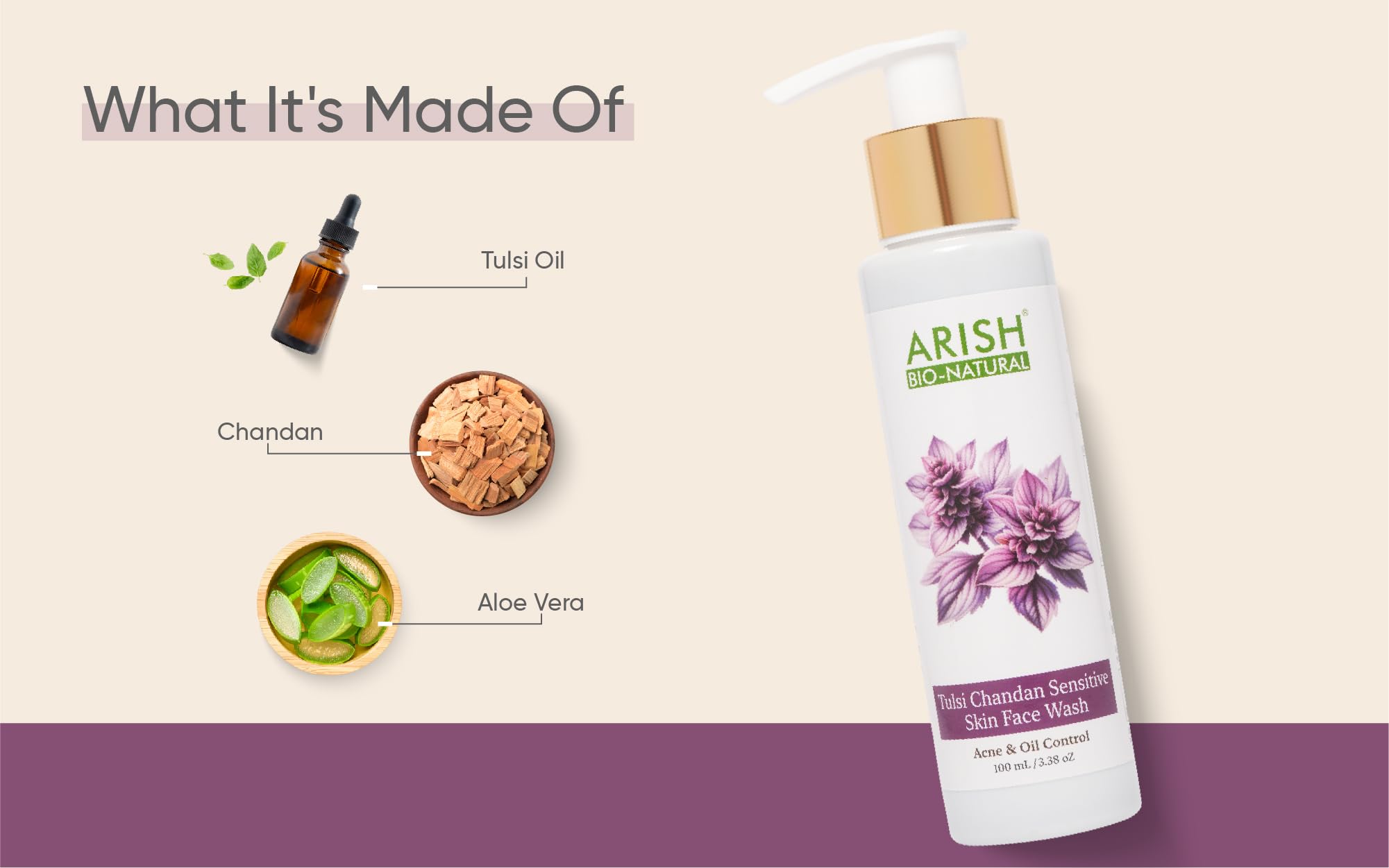 **Arish Bio-Natural Tulsi Sandalwood Face Wash for Sensitive Skin – Soothing & Hydrating Formula with Tulsi Oil, Sandalwood & Aloe Vera – Calms Irritation & Deep Cleanses – 100ml | Perfect for Daily Skincare & Post-Workout Refreshment**
