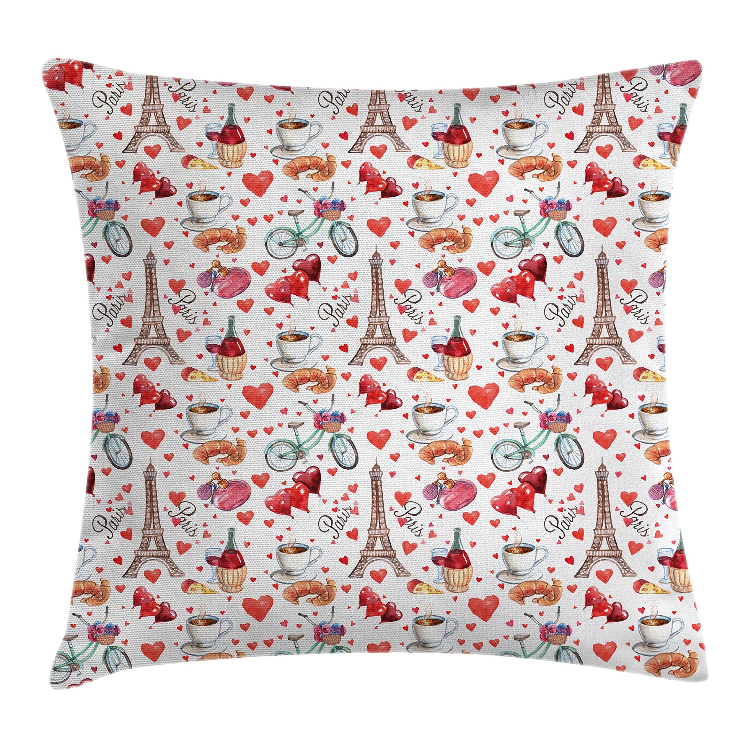 Ambesonne Romantic Valentine's Day Throw Pillow Cover - Paris Love Theme with Coffee, Wine, Perfumes & Bikes on Heart Backdrop - 40x40 Inch Decorative Square Cushion Case - Perfect for Couples Gifts, Bedroom Decor & Living Room Accent