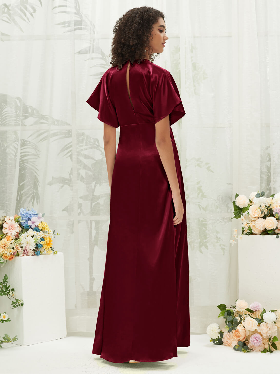 Elegant Burgundy V-Neck Short Sleeve Satin Maxi Bridesmaid Dress with High Slit | Formal Wedding Party Gown for Bridesmaids, Evening Events & Special Occasions
