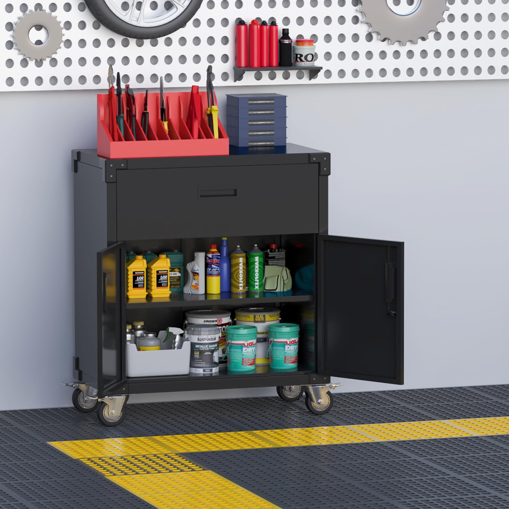 Heavy-Duty Metal Garage Storage Cabinet with Wheels & Lockable Drawers - Rolling Tool Organizer with Adjustable Shelves for Garage, Workshop & Utility Room - Easy Assembly Black Tool Chest for DIY & Professional Use