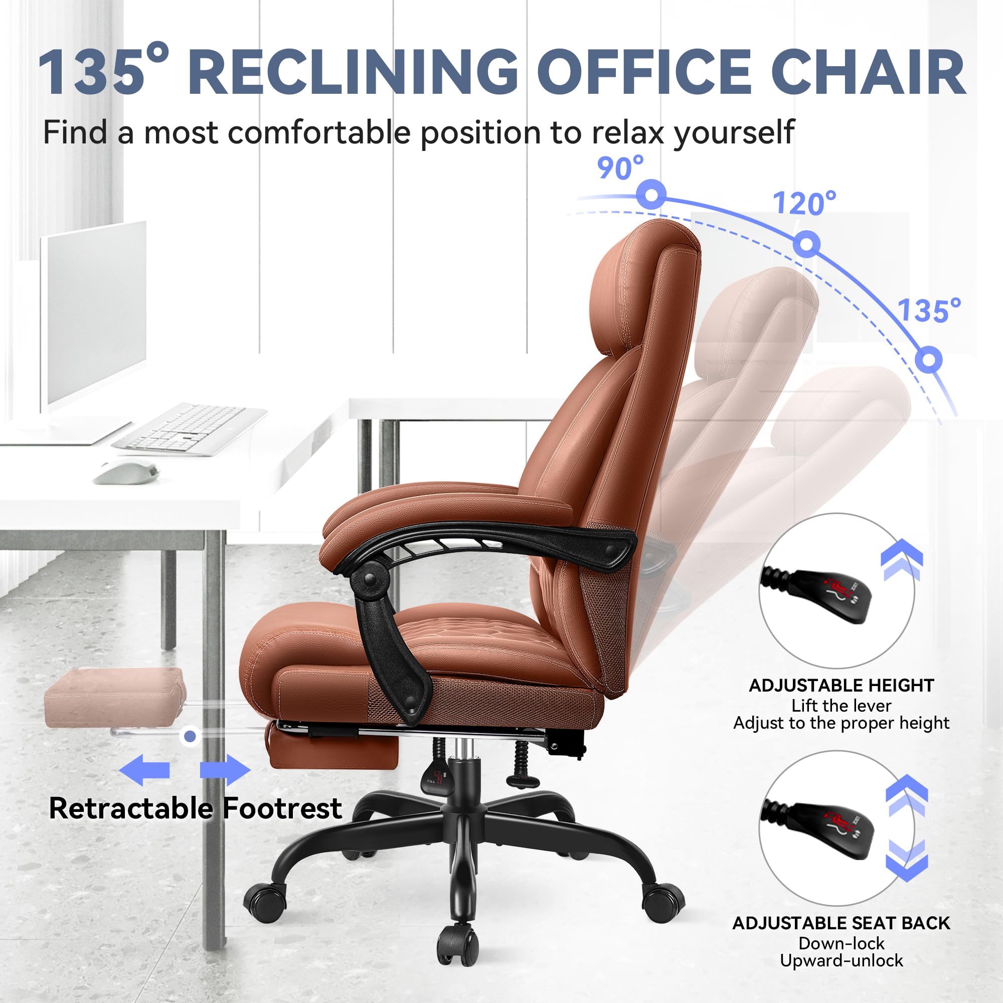 Big and Tall Executive Office Chair with Footrest - High Back Ergonomic Leather Desk Chair with Lumbar Support - Perfect for Home Office, Gaming, and Professional Workspaces