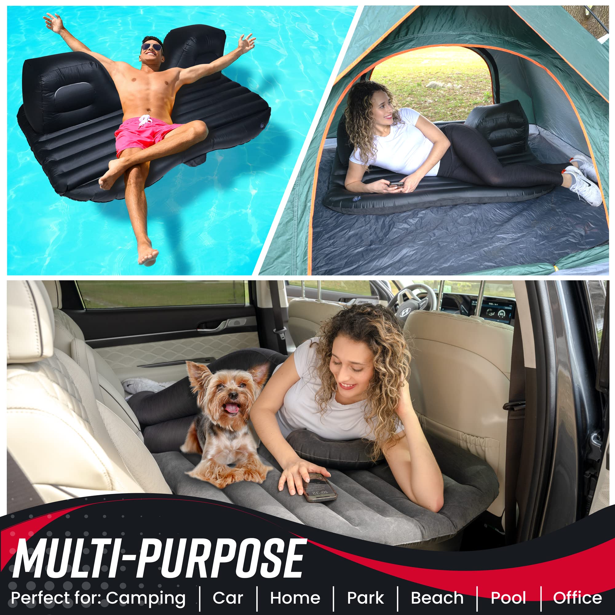 VaygWay Inflatable Car Air Mattress with Pump - Portable Back Seat Air Bed for Camping, Travel & Road Trips - Includes 2 Pillows, Neck Support & Ear Plugs - Perfect for SUV, Van & Car Sleeping Comfort
