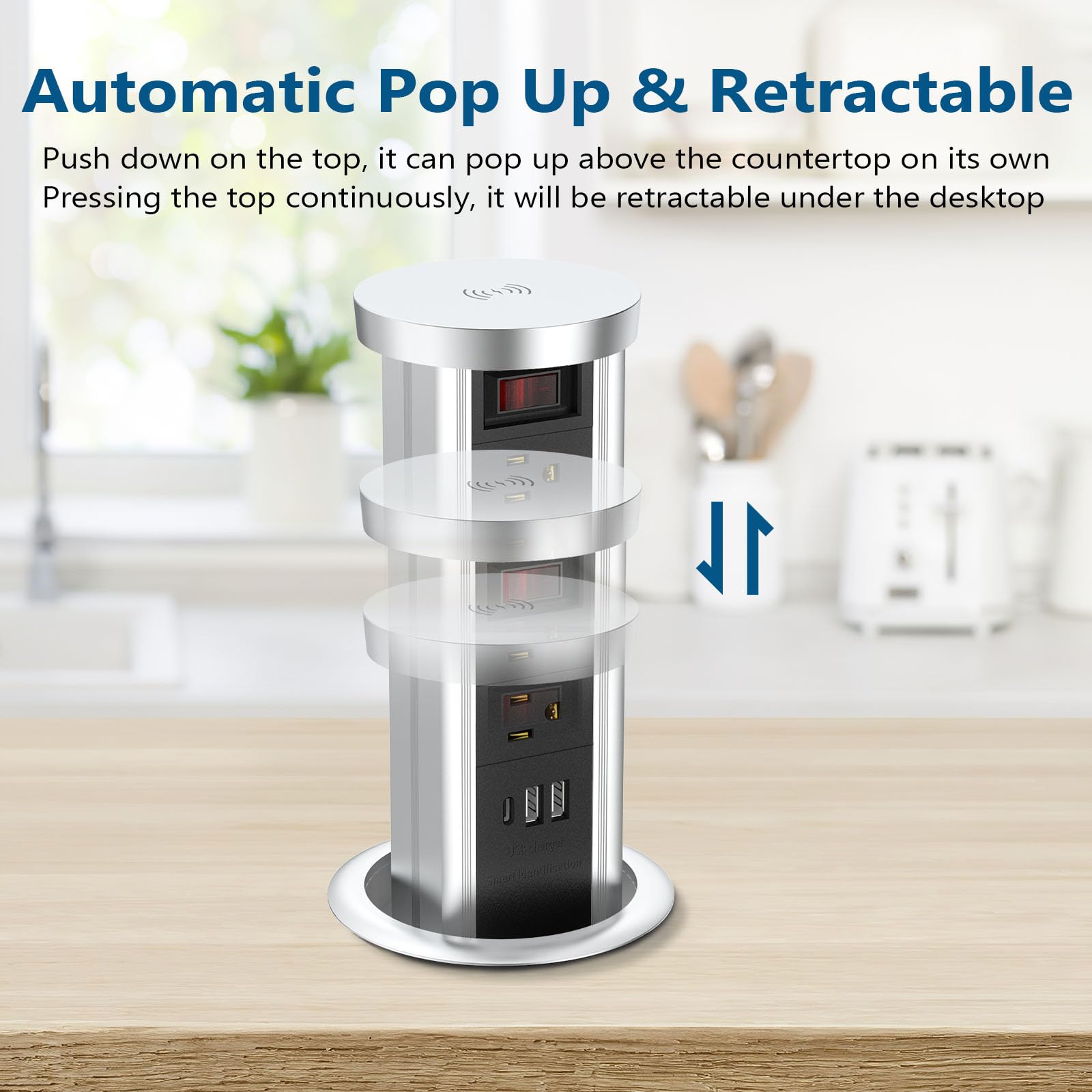 BTU Pop Up Outlet for Countertop - 4 AC Outlets & USB C Power Strip with 10W Wireless Charger | Recessed Power Socket for Kitchen, Conference Room & Office Workspace