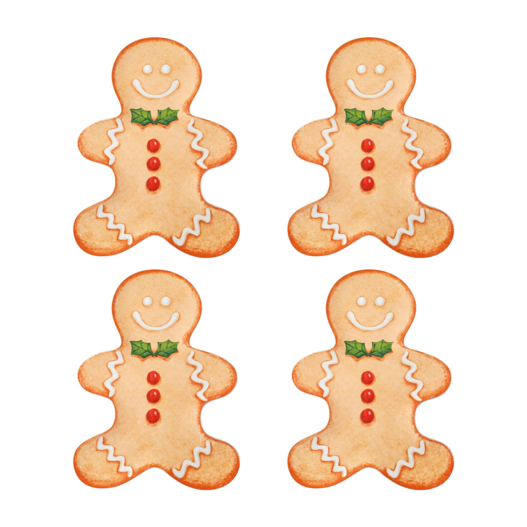 UPware 10 Inch Gingerbread Man Shaped Melamine Plates - Set of 4 Christmas Themed Salad, Appetizer & Dessert Plates for Holiday Parties, Cookie Decorating & Festive Dining