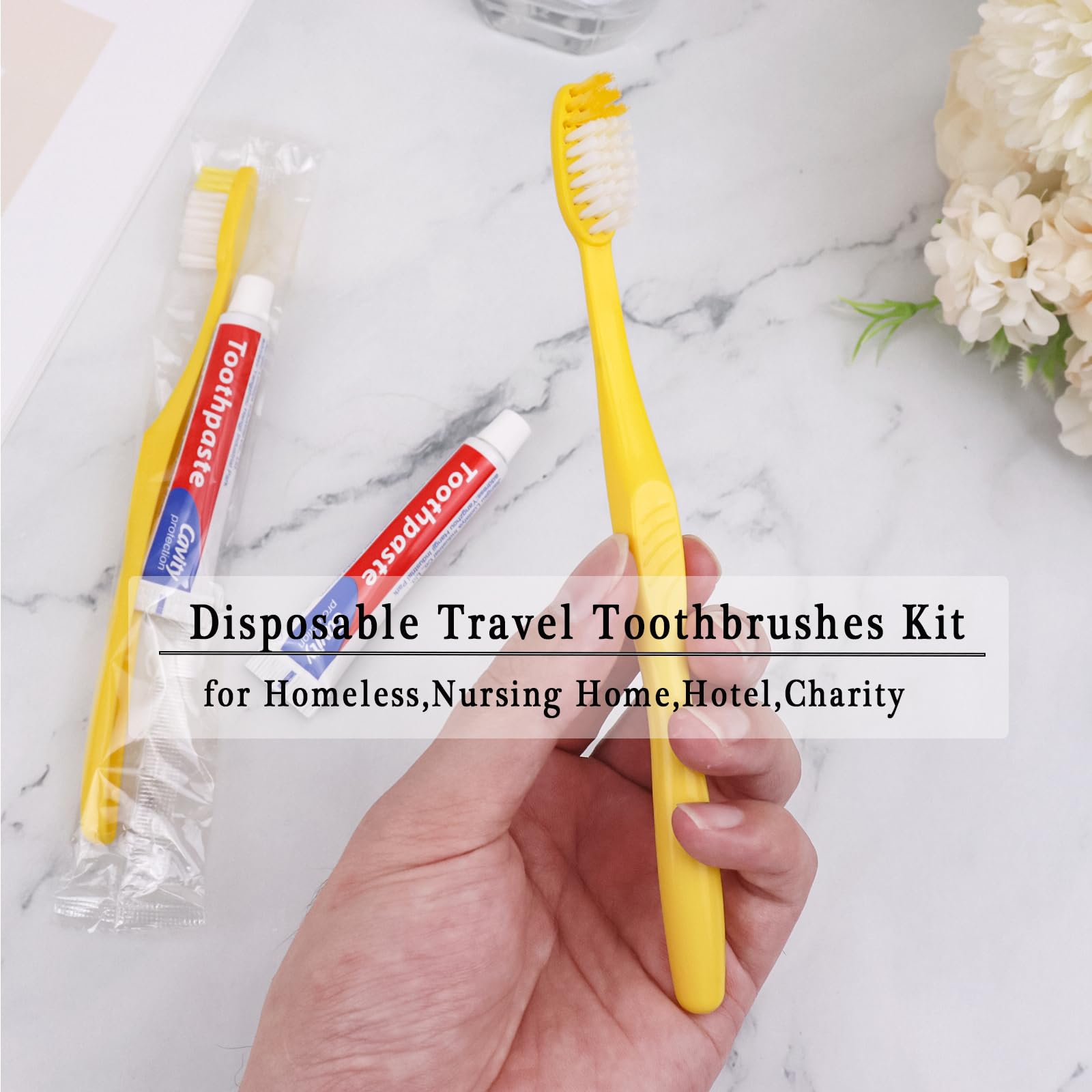 200 Pack Disposable Toothbrush with Toothpaste - Individually Wrapped Travel Toothbrush Kit (10g Toothpaste, Yellow Hollow Design) for Travel, Hotels, Airbnb, Homeless Shelters & Charity Donations - Perfect for On-the-Go Oral Care