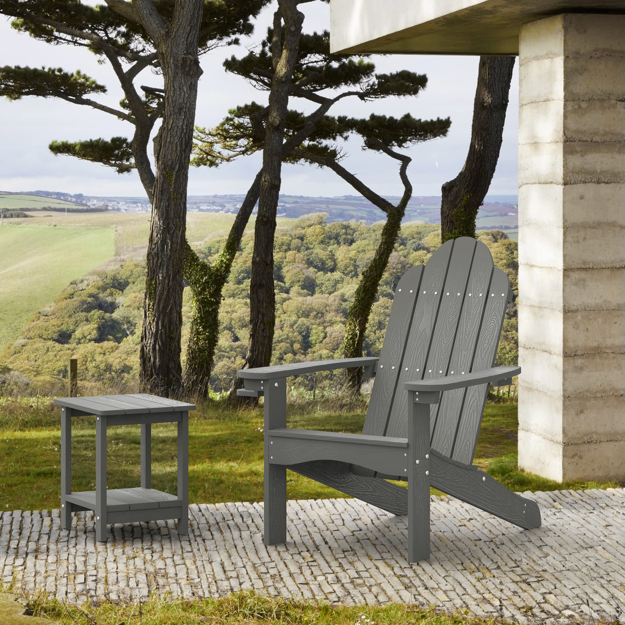 Premium LUE BONA HDPS Adirondack Chairs Set of 4 - Heavy Duty 350LBS Capacity Weather-Resistant Outdoor Patio Furniture with Cup Holder - Perfect for Backyard, Deck, Poolside & Camping - Dark Gray Modern Plastic Chairs