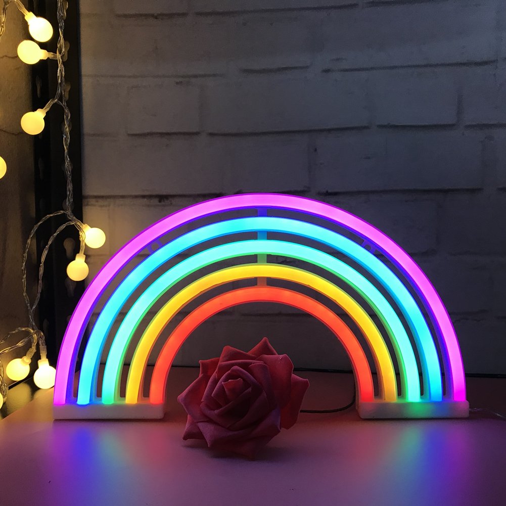 QiaoFei Rainbow LED Neon Sign - Kids Room Wall Decor, Bedroom Night Light, Party & Holiday Decoration - USB/Battery Operated Table Lamp for Home Accessories