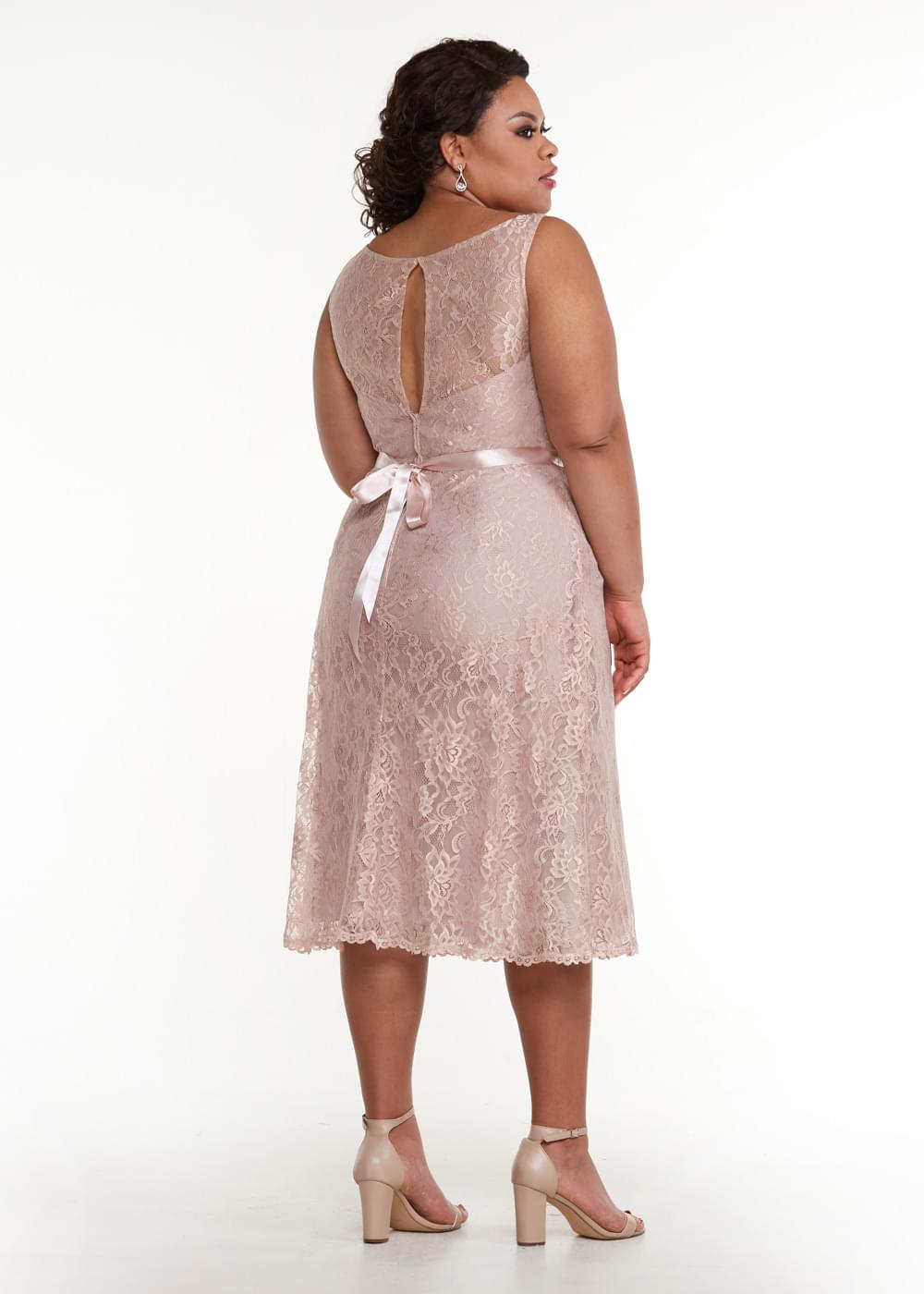 Elegant 80035 Tea Length Lace Bridesmaid Dress with Detachable Sash - Perfect for Weddings, Formal Events & Special Occasions