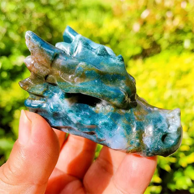 3 Inch Natural Ocean Jasper Dragon Skull Carving - Handcrafted Healing Crystal for Wicca Decor, Home Decoration & Spiritual Gifts | Feng Shui Energy Stone for Meditation, Altar Display & Positive Vibes