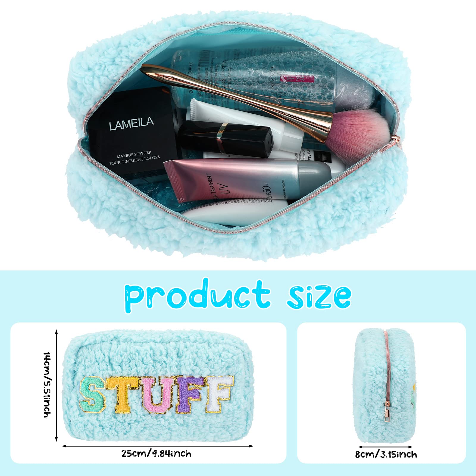 Soft Chenille Letter Cosmetic Bag - Small Portable Zippered Makeup Pouch for Women & Girls | Preppy Fleece Travel Organizer for Toiletries & Cosmetics (Blue) - Perfect for School, Gym, and Vacation