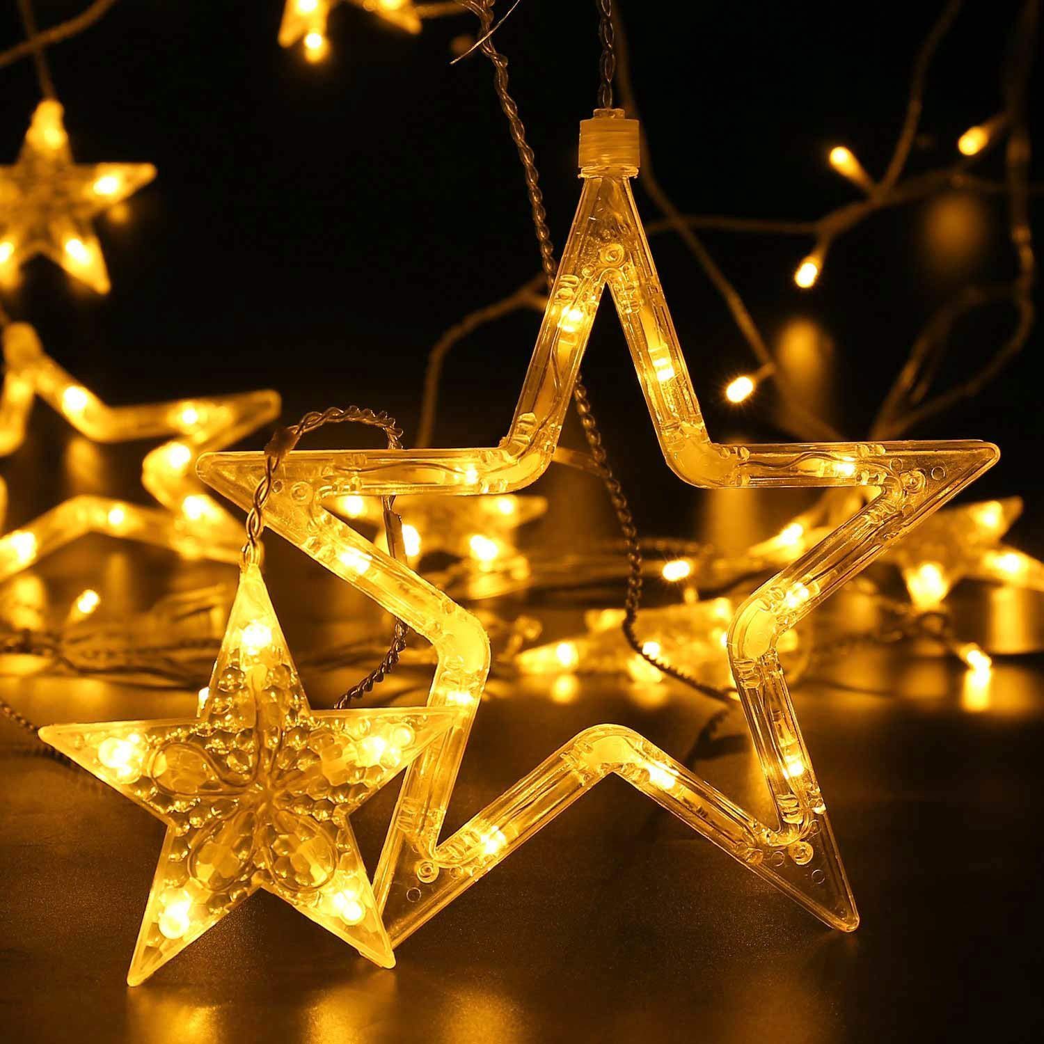 Quntis 138LEDs 12 Star Connectable Christmas Curtain Lights - 6.6ft LED String Lights with 8 Flashing Modes, Warm White Indoor/Outdoor Decorative Lighting for Bedroom, Window, Diwali, Christmas, Wedding, Party & Garden Decor