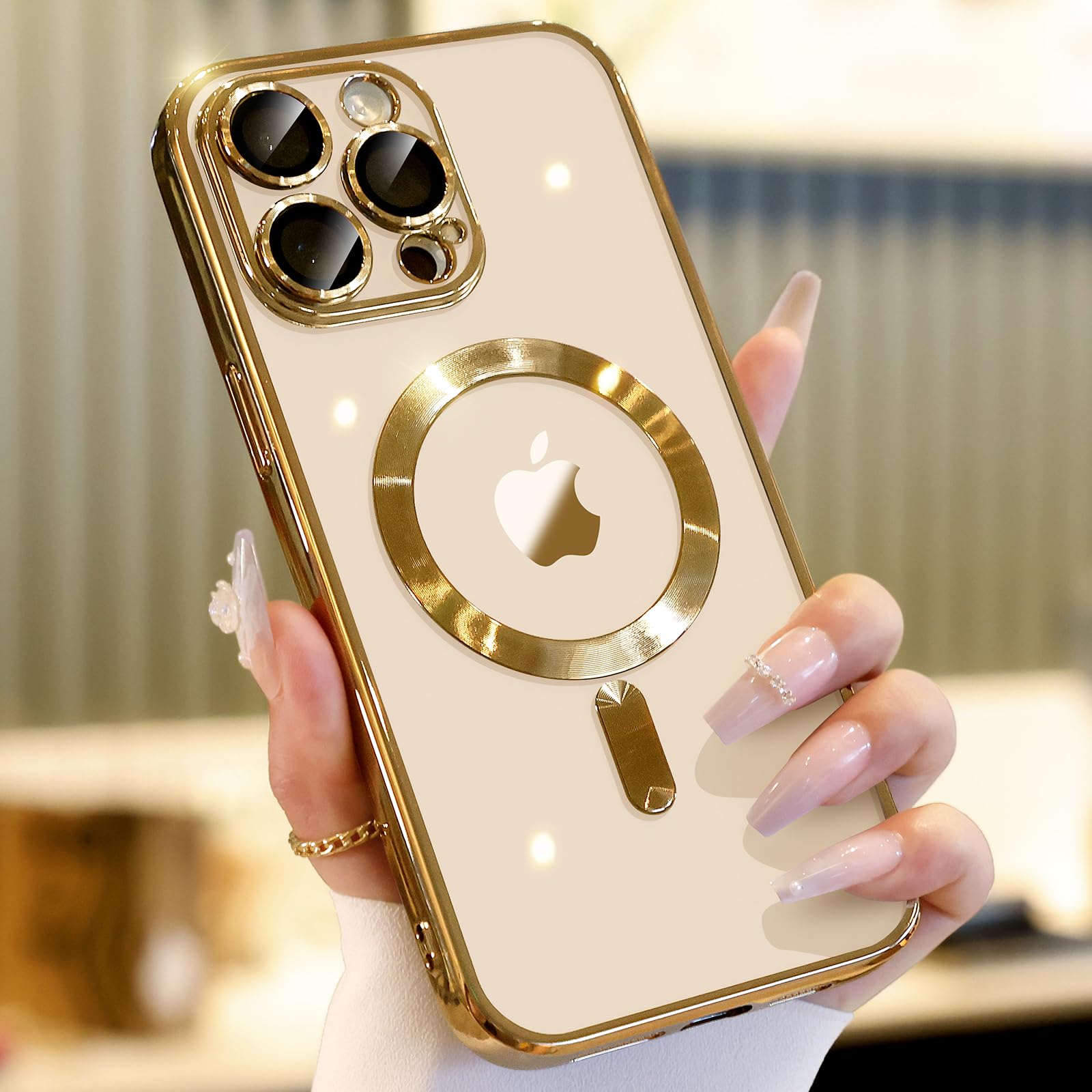 Premium iPhone 13 Pro Max Case with Camera Lens Protection | Magsafe Compatible | Metallic Glossy Soft Bumper & Diamond Clear Design | 6.7