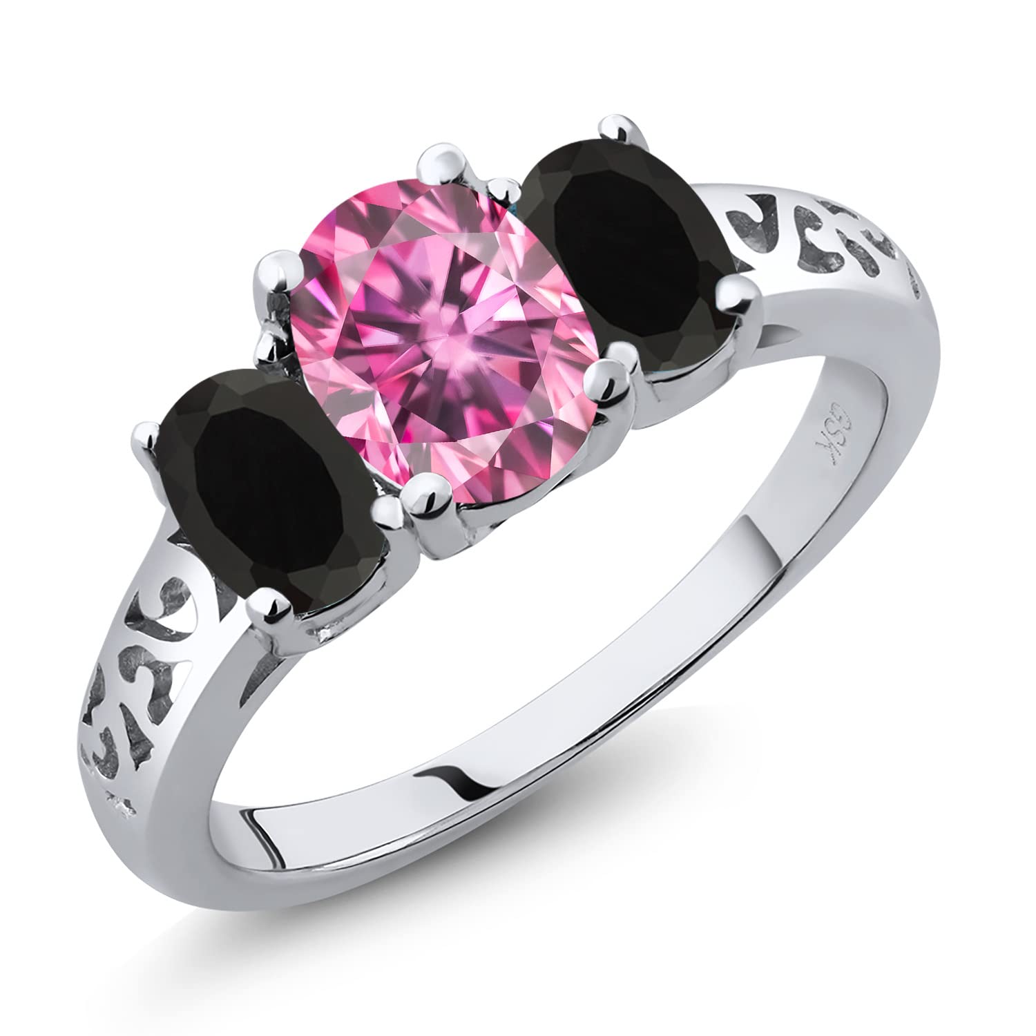 Gem Stone King 925 Sterling Silver 3-Stone Ring with Oval Pink Created Moissanite & Black Onyx (2.18 Cttw) - Elegant Jewelry for Engagement, Wedding & Special Occasions