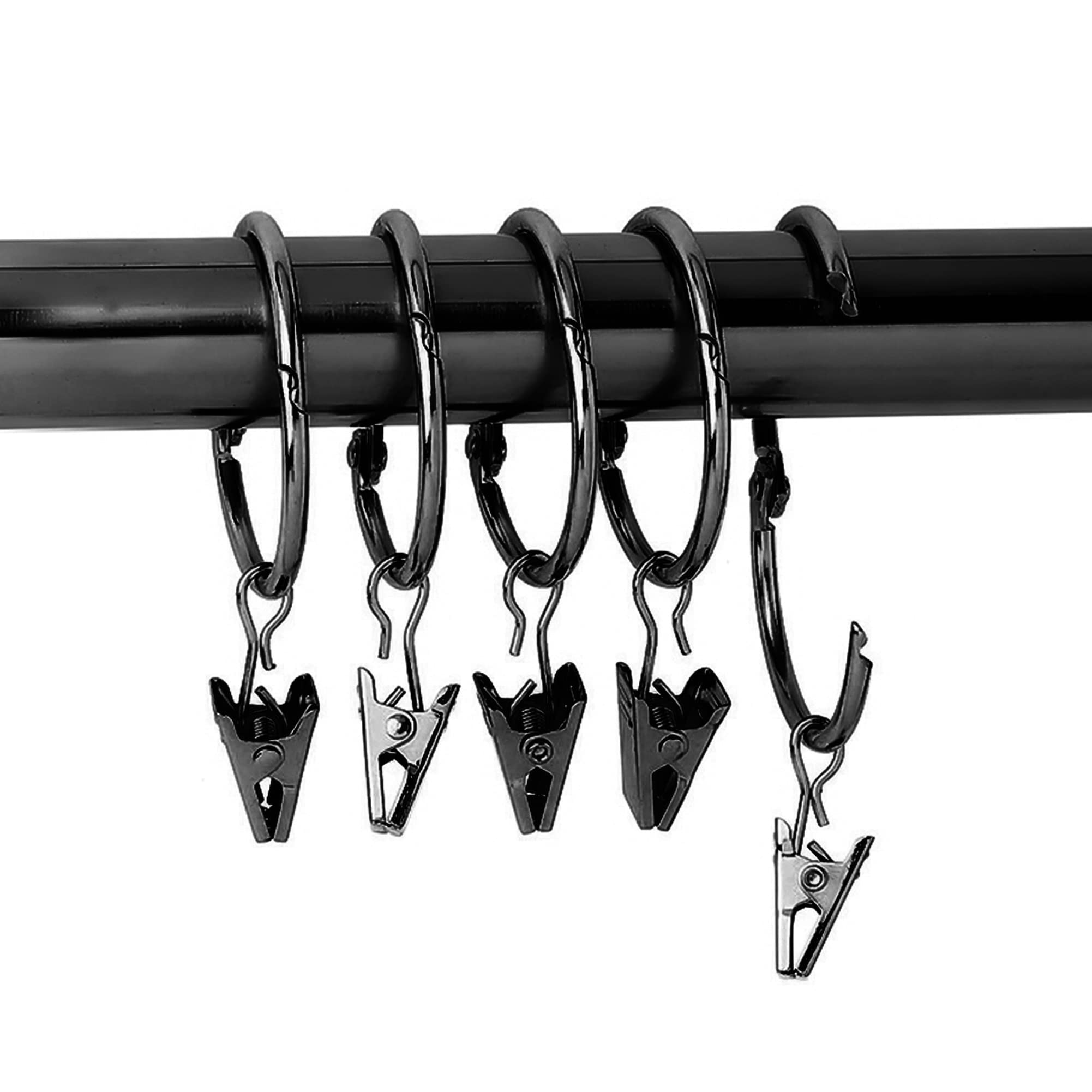2 Inch Black Metal Openable Curtain Rings with Clips - 18 Pack for Window Curtain Rod Hooks & Hangers - Perfect for Living Room, Bedroom, and Home Decor