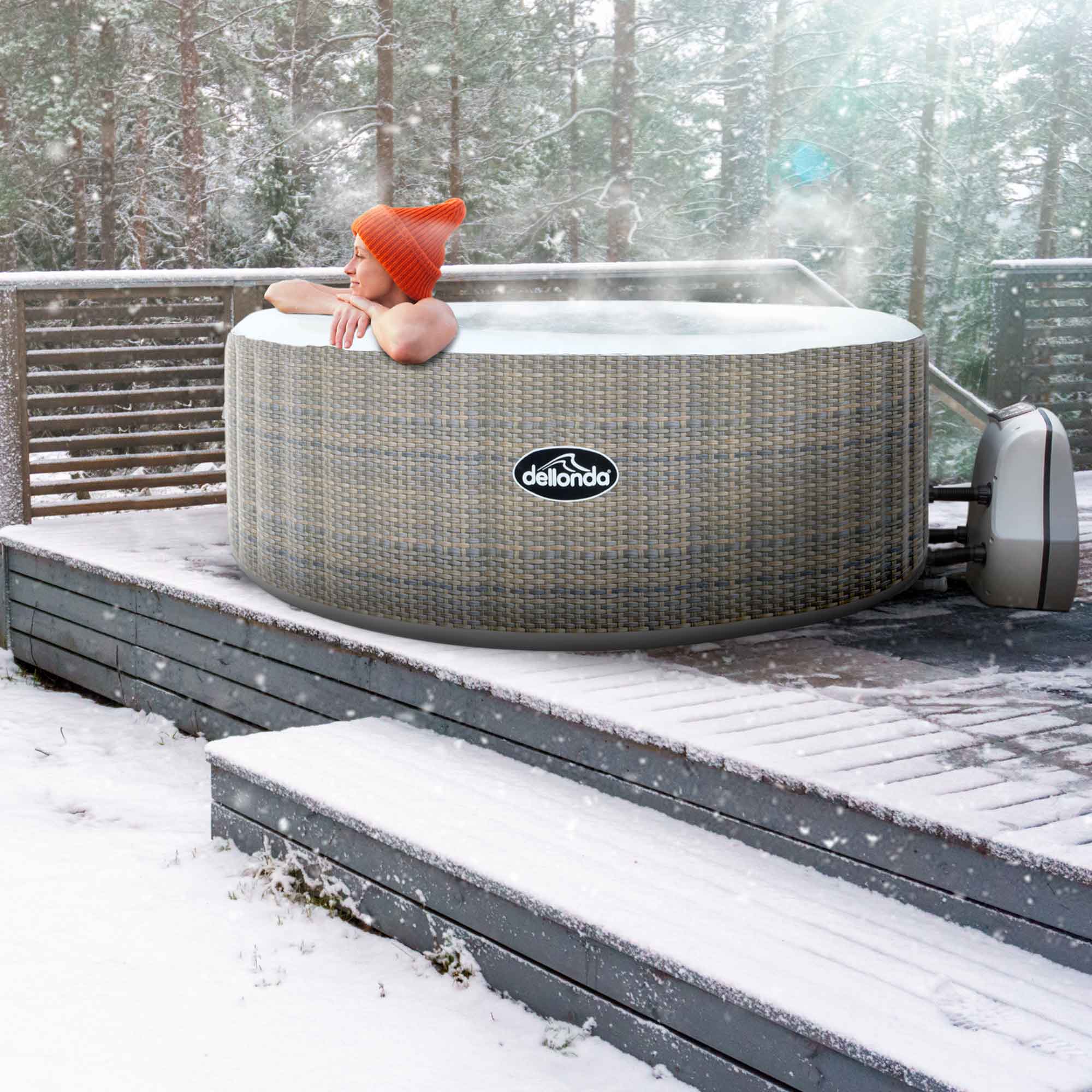 2-4 Person Inflatable Hot Tub Spa with Smart Pump - Rattan Design - DL90 Model - Perfect for Backyard Relaxation, Patio Parties & Outdoor Hydrotherapy
