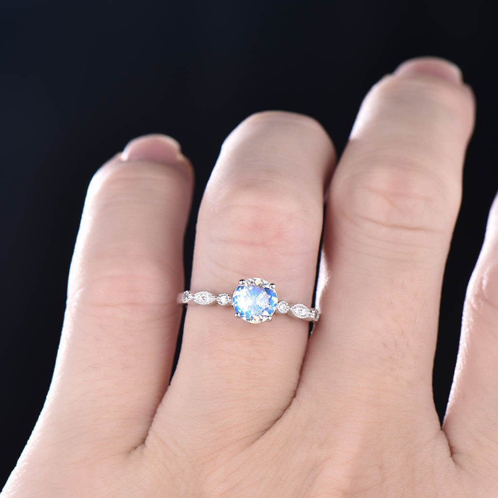 Antique Moonstone Engagement Ring 14k White Gold Marquise Milgrain Band - Vintage Style Wedding Ring for Women, Perfect for Proposals, Anniversaries & Special Occasions