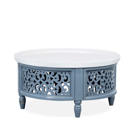 Handmade Carved Mango Wood Round Coffee Table with Intricate Jali Work - Natural Grey Finish - Rustic Boho Living Room Centerpiece for Home Decor