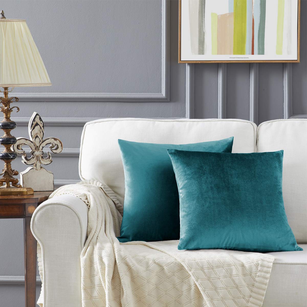 GIGIZAZA Velvet Throw Pillow Covers Set of 2 - 24x24 Inch Teal Peacock Green Sofa Cushion Covers for Living Room, Bedroom & Home Décor