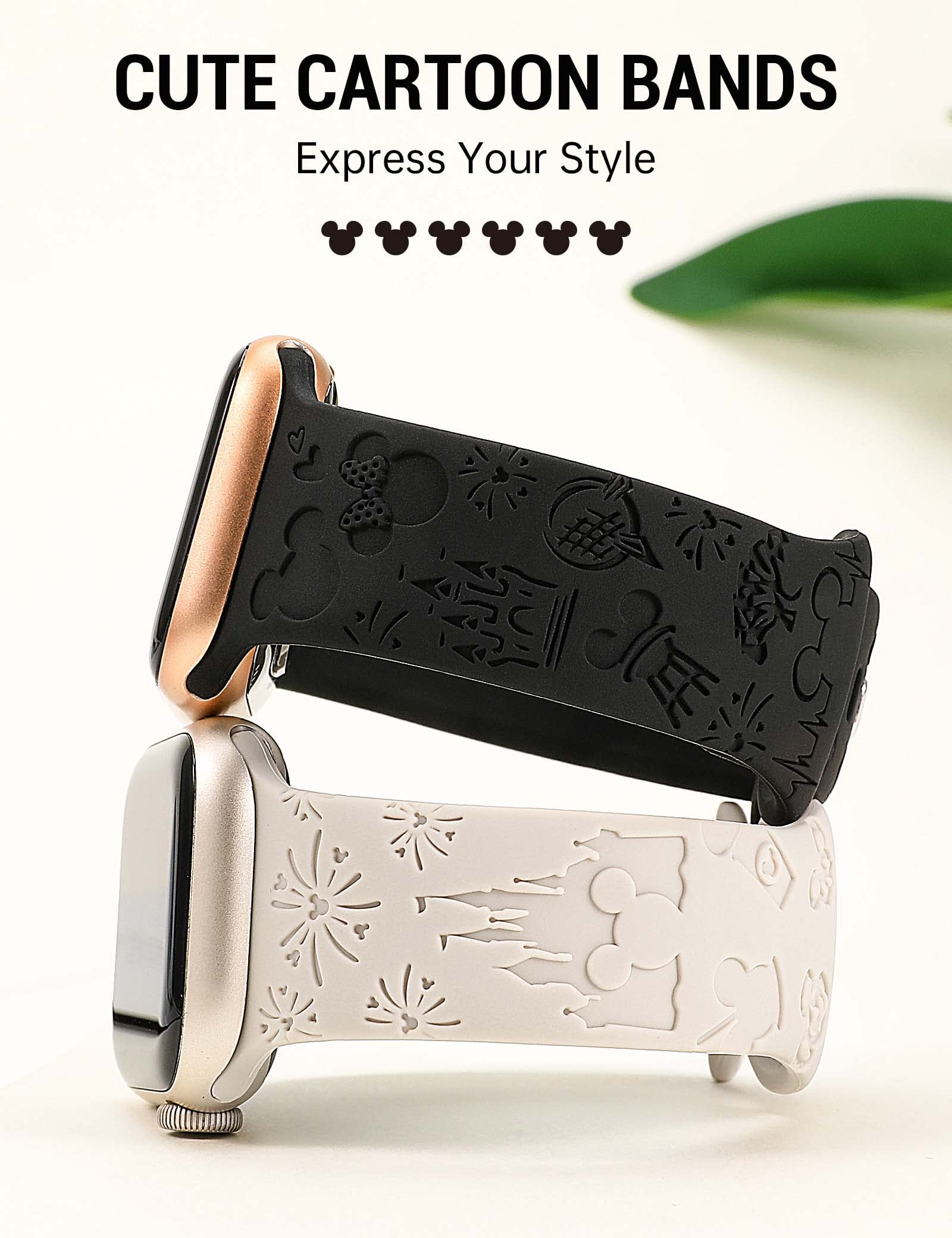 Girovo 2-Pack Cute Anime Cartoon Engraved Soft Silicone Bracelet Strap Compatible with Apple Watch 40mm 38mm 41mm 42mm for Women - iWatch Band for Series 10/9/8/7/6/5/4/3/2/1/SE/SE2 (Starlight/Black) - Perfect for Daily Wear, Workouts & Fashion Accessories