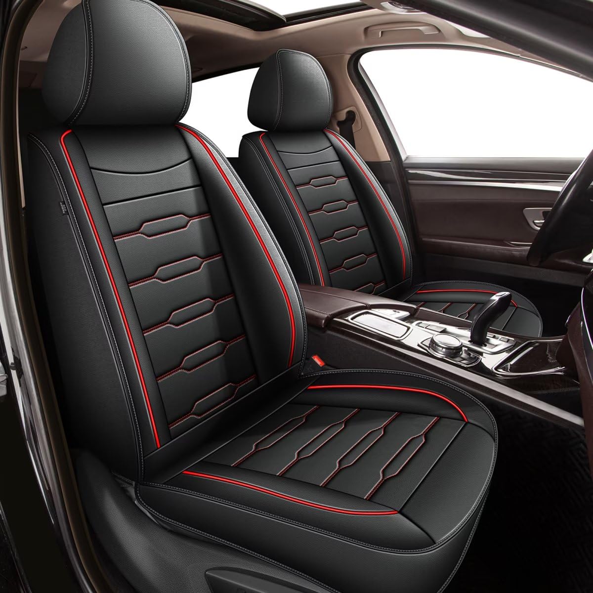 AOMSAZTO Custom Fit Car Seat Covers for 2007-2020 Honda Fit - Faux Leather Waterproof Seat Protectors with Airbag Compatibility (2-Piece Set, Black & Red) - Perfect for Daily Commuting, Road Trips, and Protecting Your Vehicle Interior