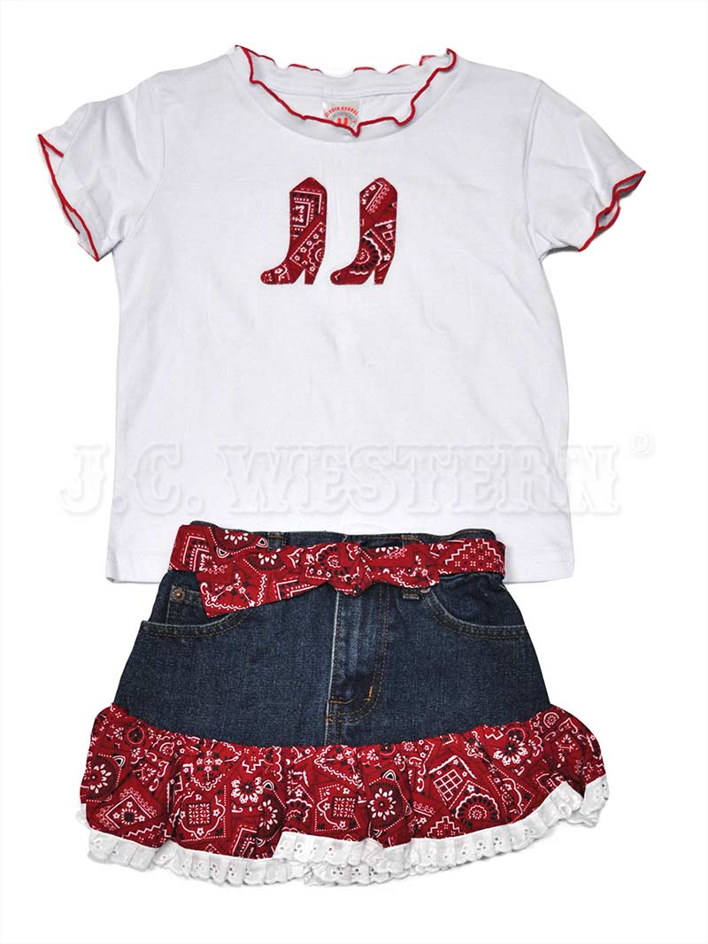 Kiddie Korral Style10 Kids Cowgirl Denim 2-Piece Outfit with Red Bandana - Western Costume for Girls, Birthday Party & Rodeo Events