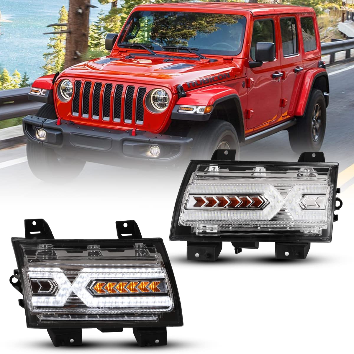 ROXX Full LED DRL Sequential Turn Signal Assembly for 2018-2024 Jeep Wrangler JL & 2020-2024 Jeep Gladiator JT (Excludes Sport/Sport S Models) - LED Front Fender Lights with Daytime Running Light Kit - Upgrade Your Off-Road Adventure & Night Driving Safety