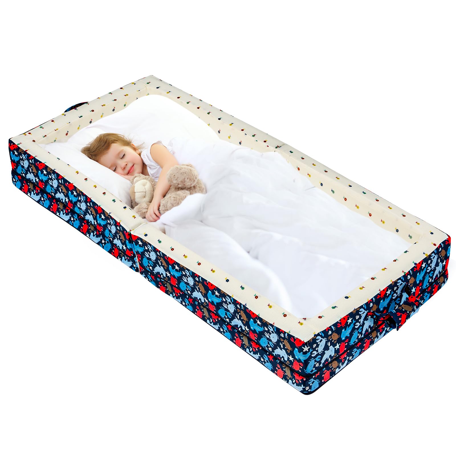 100% Cotton Portable Foldable Toddler Travel Bed - Soft Foam Floor Mattress with Washable Cover | Safe & Comfortable Baby Crib for Home, Daycare & Travel | Ocean Blue