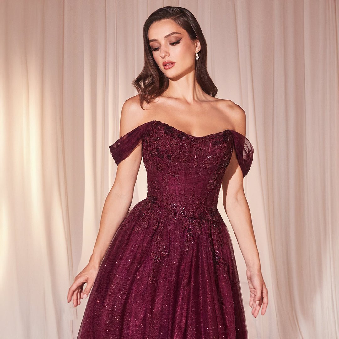 Ladivine by Cinderella Divine Plum Off The Shoulder Prom Gown - Elegant Formal Dress for Homecoming, Wedding, Evening Party & Special Occasions