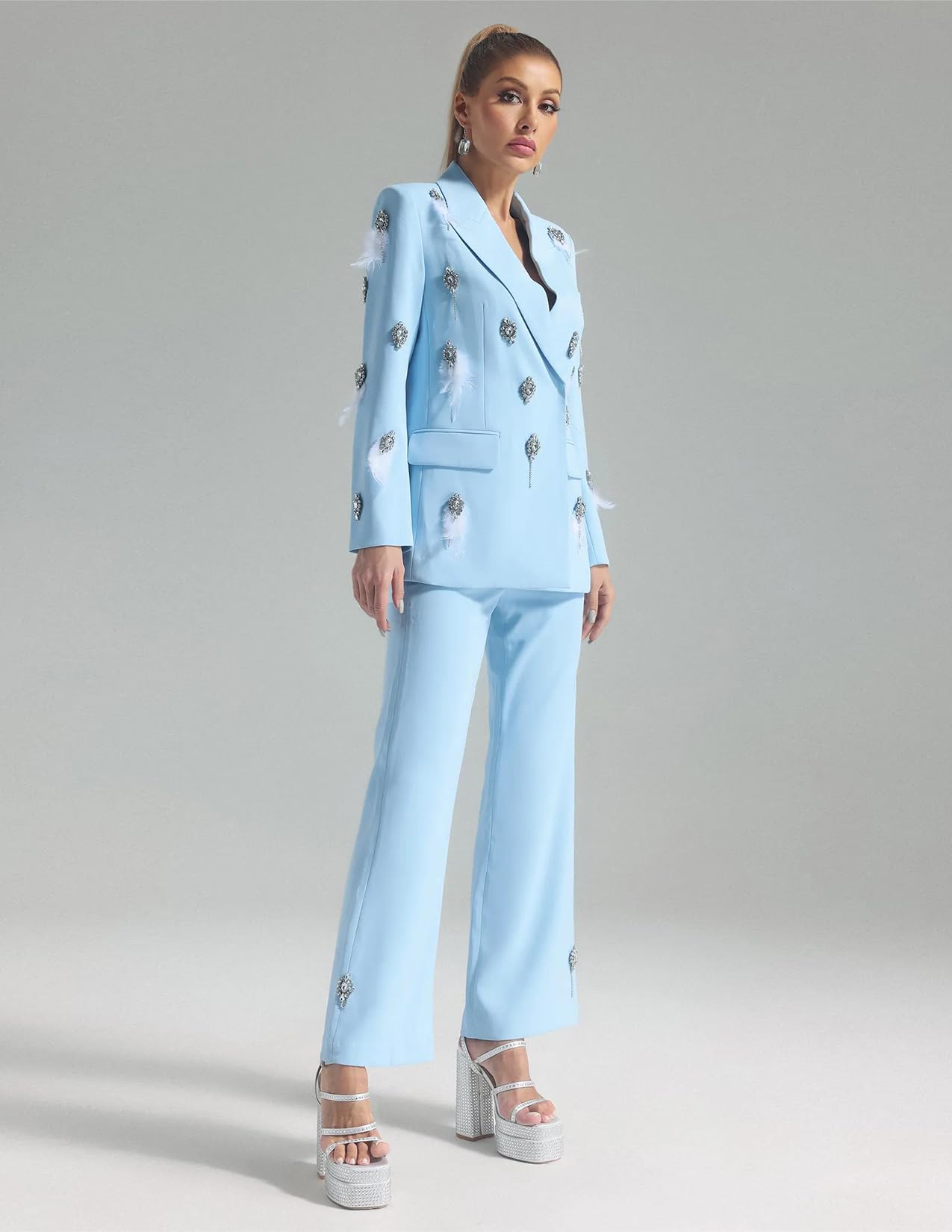 BELLA BARNETT Women's Blue 2-Piece Suit Set - Diamond Blazer & Pants Outfit for Business Casual & Office Wear | Professional Work Attire & Special Occasion Outfits