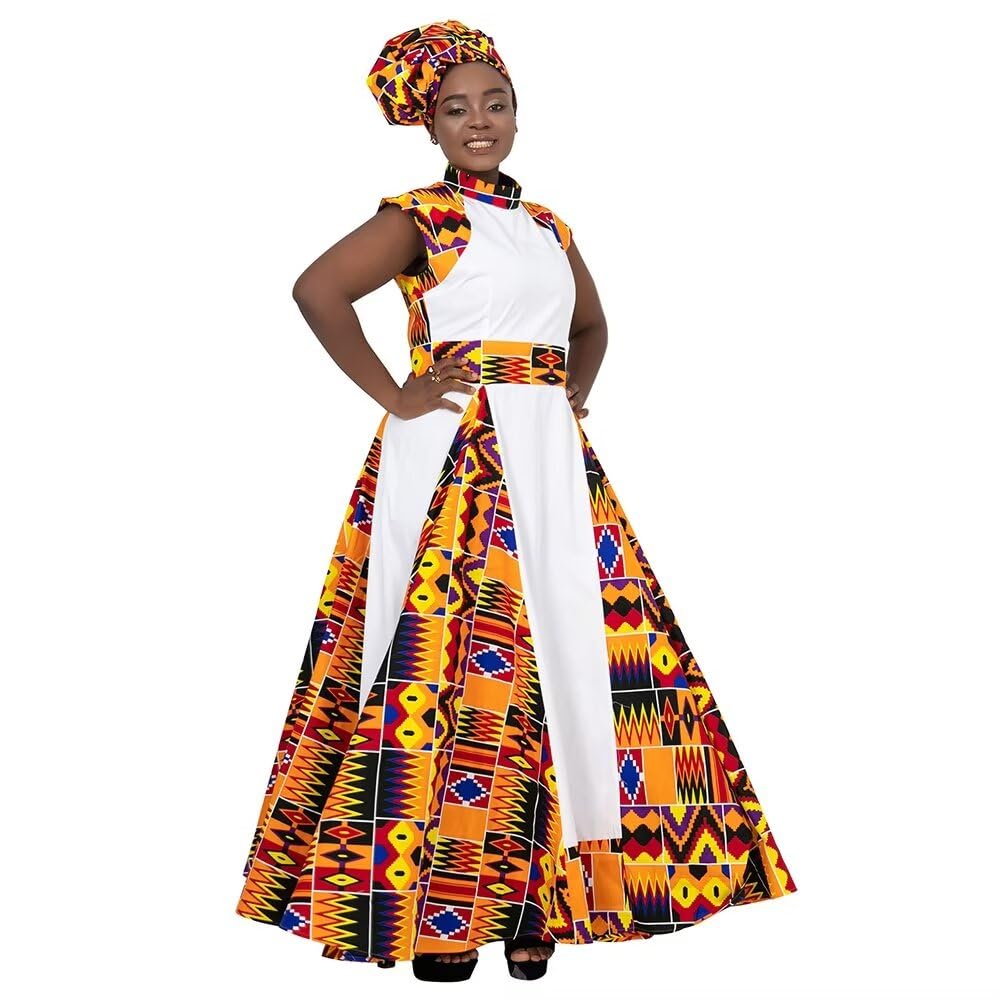 African Dresses for Women - Long Ankara Kente Print Skirt with Matching Scarf | Traditional African Fashion for Casual Wear, Parties & Cultural Events