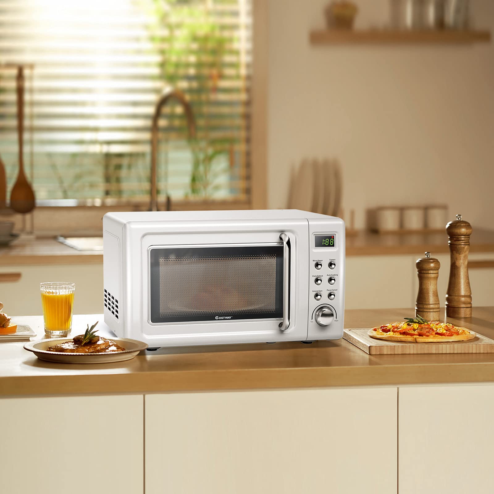 ARLIME 0.7Cu.ft 700W Small Countertop Microwave Oven with 5 Power Levels, Defrost & Auto Cook Functions - Stainless Steel Interior, LED Display, Retro Design for Kitchen, RV, Dorm Room - Perfect for Quick Meals, Reheating & Defrosting (White)