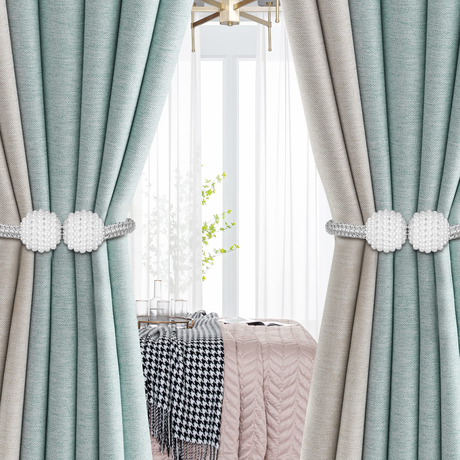 8 Pack Magnetic Curtain Tie Backs with Pearls - Elegant Modern Curtain Holdbacks for Drapes, Sheer & Blackout Curtains - Perfect for Home, Office, Kindergarten Decor (Indoor/Outdoor Use)