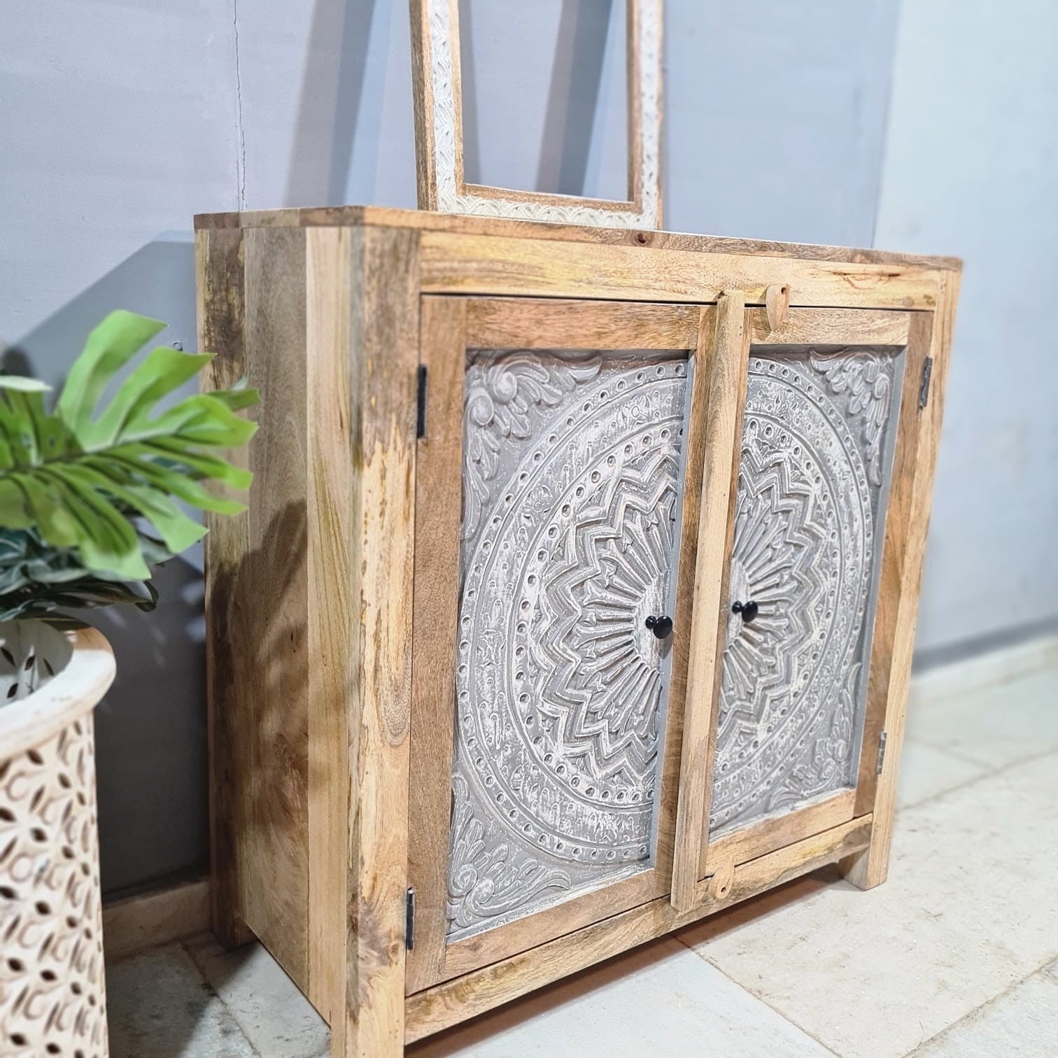 Handmade Carved Indian Solid Hardwood Cabinet with Floral Pattern - 35.4