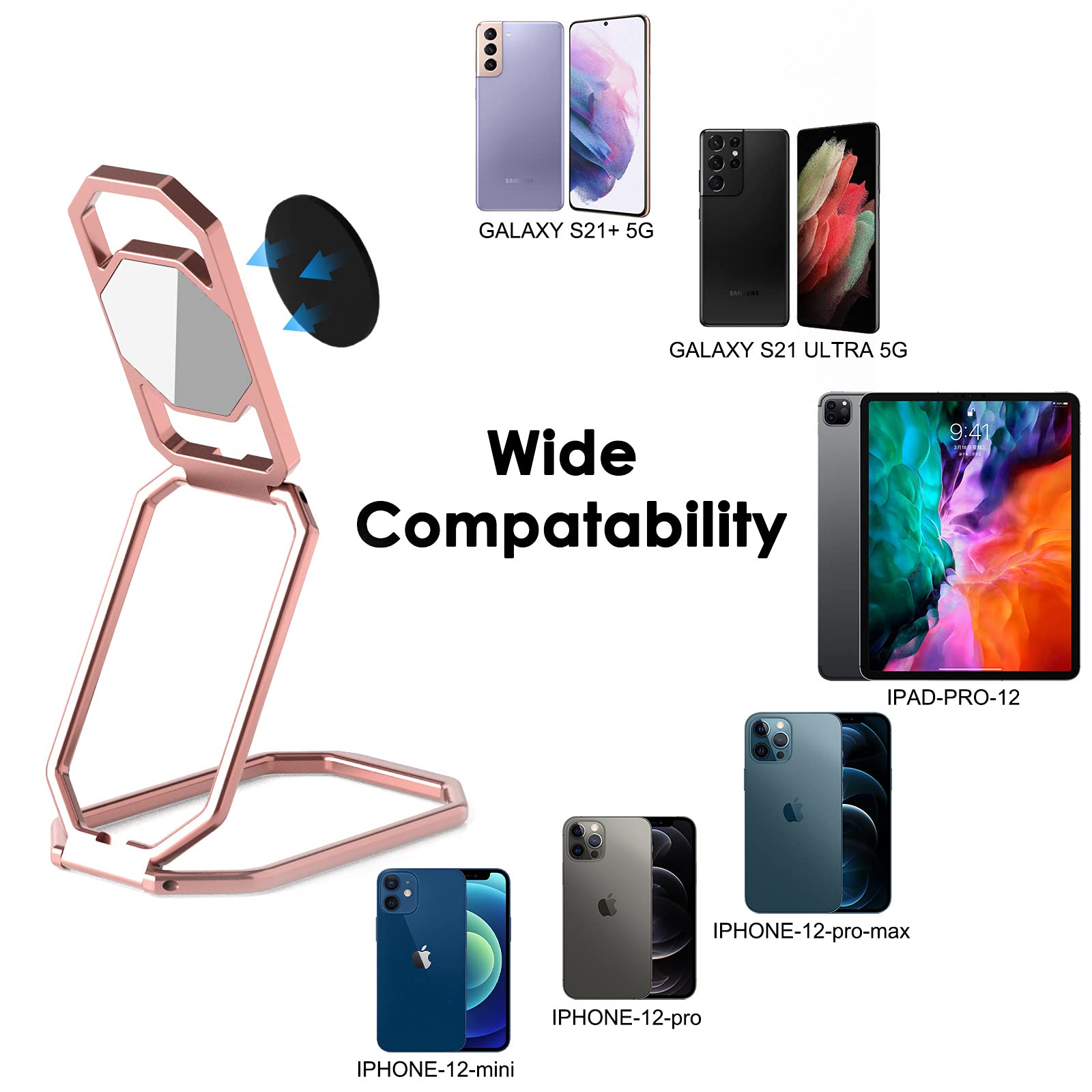 360° Rotating Metal Phone Ring Holder & Kickstand - Magnetic Car Mount, Foldable Phone Grip Stand for iPhone, Samsung, Pixel (Perfect for Driving, Video Calls & Hands-Free Viewing)