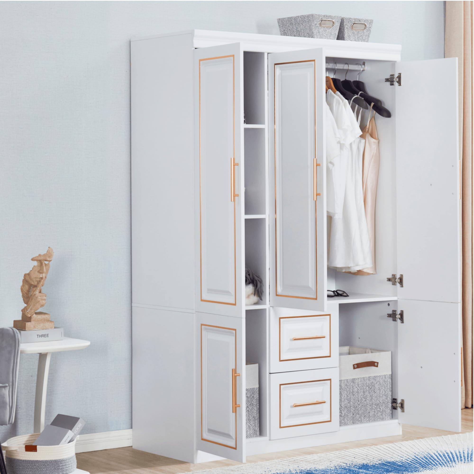 White Wooden Wardrobe Closet Armoire with Hanging Rod & Shelves - Bedroom Storage Cabinet for Clothes, Shoes & Accessories | Perfect for Small Spaces, Apartments & Dorm Rooms