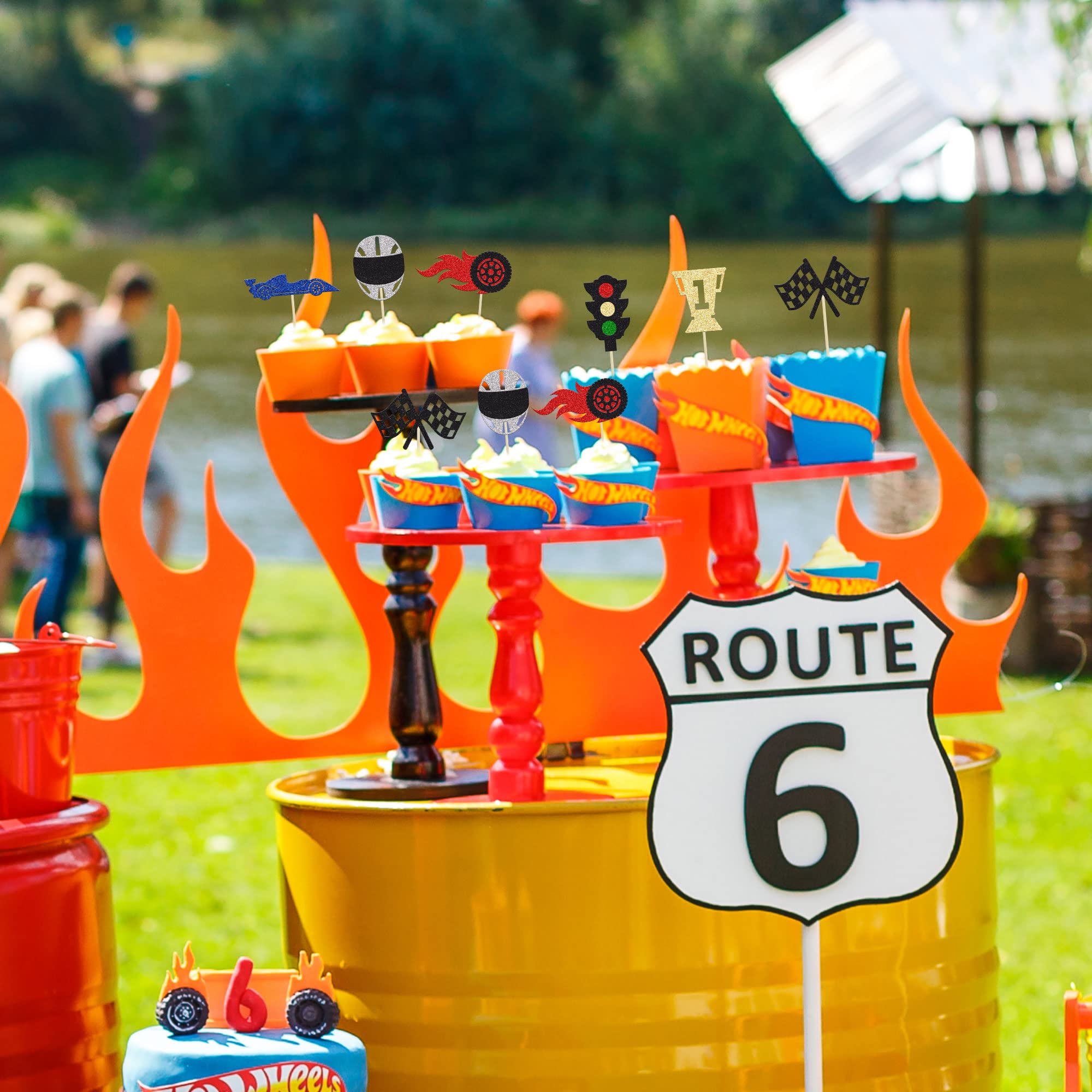 24Pcs Race Car Cupcake Toppers - Glitter Traffic Light, Wheel, Trophy & Flag Decorations for Racing Themed Birthday Parties, Baby Showers & Sports Events - Perfect for Cake Decorating & Dessert Displays