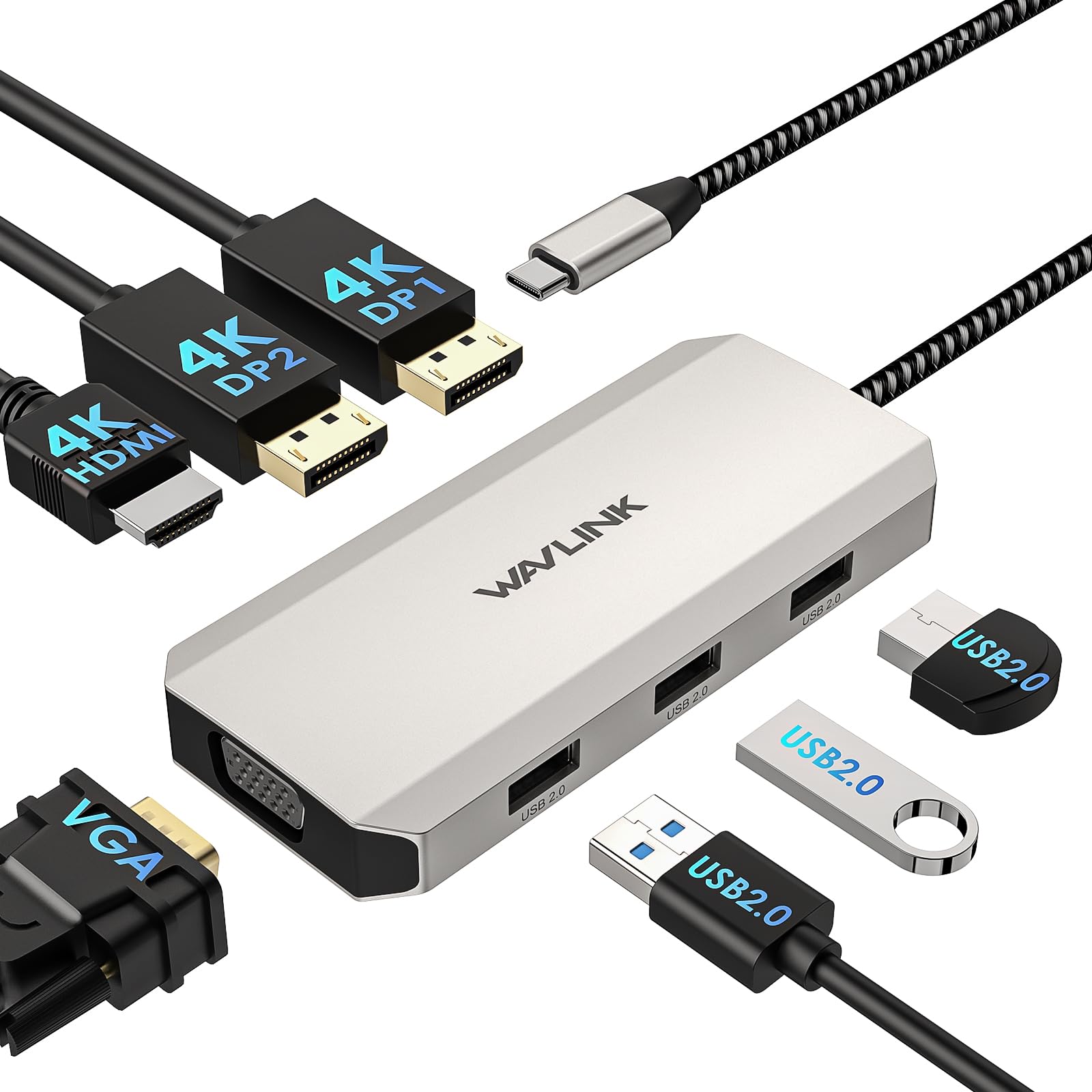 WAVLINK 7-in-1 USB C Docking Station with Quad Display (Dual 4K DP, 4K HDMI, VGA) - Multi-Port Adapter for Dell, HP, Lenovo, Asus, Microsoft Laptops - Includes 3 USB 2.0 Ports - Perfect for Home Office, Gaming & Multi-Monitor Workstations