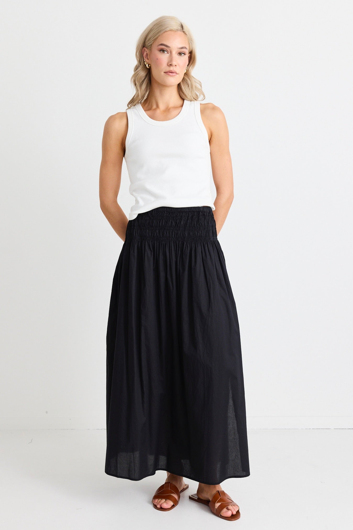 Finch Black Cotton Shirred Waist Maxi Skirt for Women - Flowy Summer Beach Dress with Elastic High Waist - Perfect for Vacation, Date Night & Boho Outfits