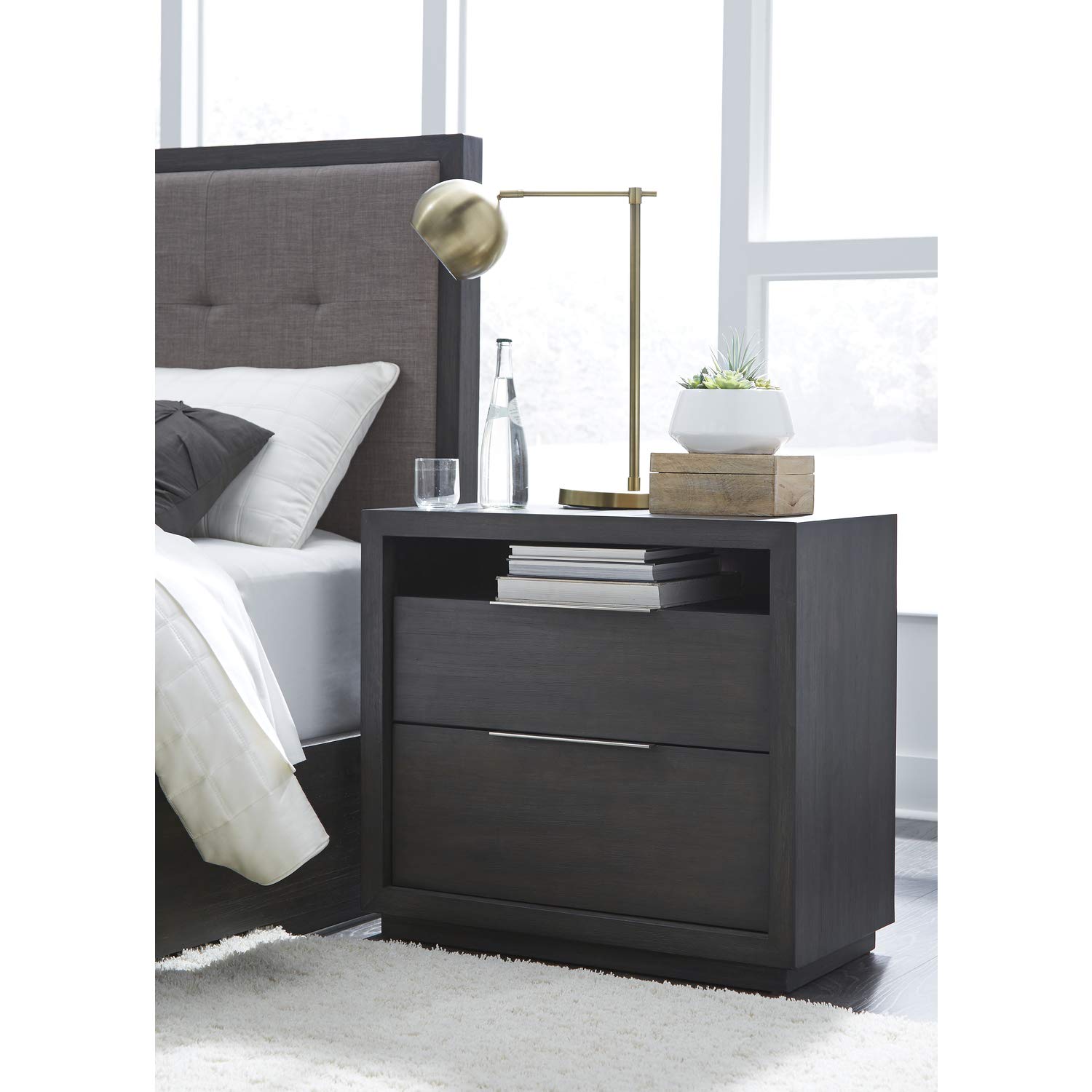 Modus Furniture Solid Wood Nightstand with 2 Drawers - Oxford Style in Basalt Grey | Bedroom Side Table for Storage & Decor