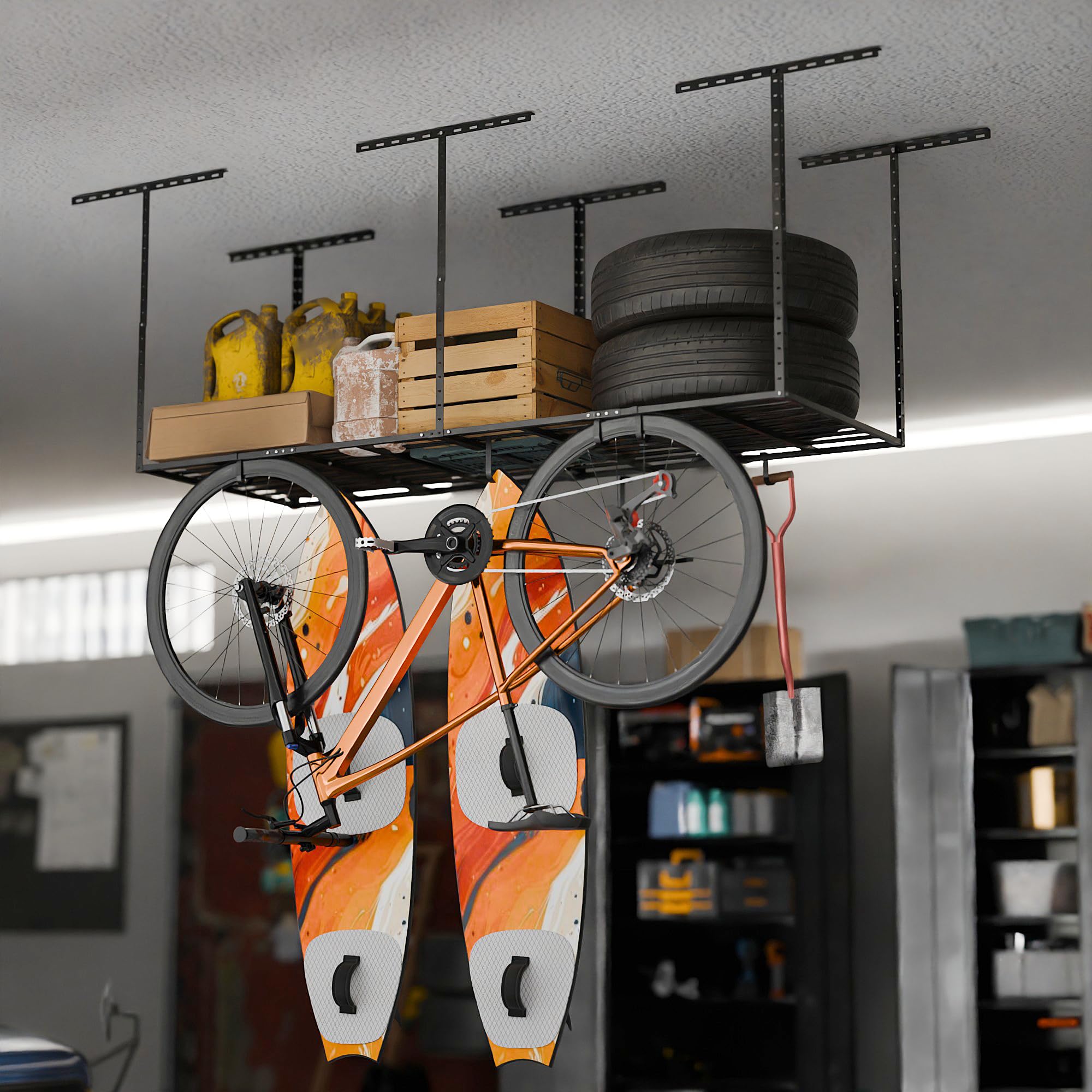 SunsGrove 4x8 Garage Overhead Storage Rack - Heavy Duty Ceiling Mounted Organizer System - 750LBS Capacity, Adjustable 22