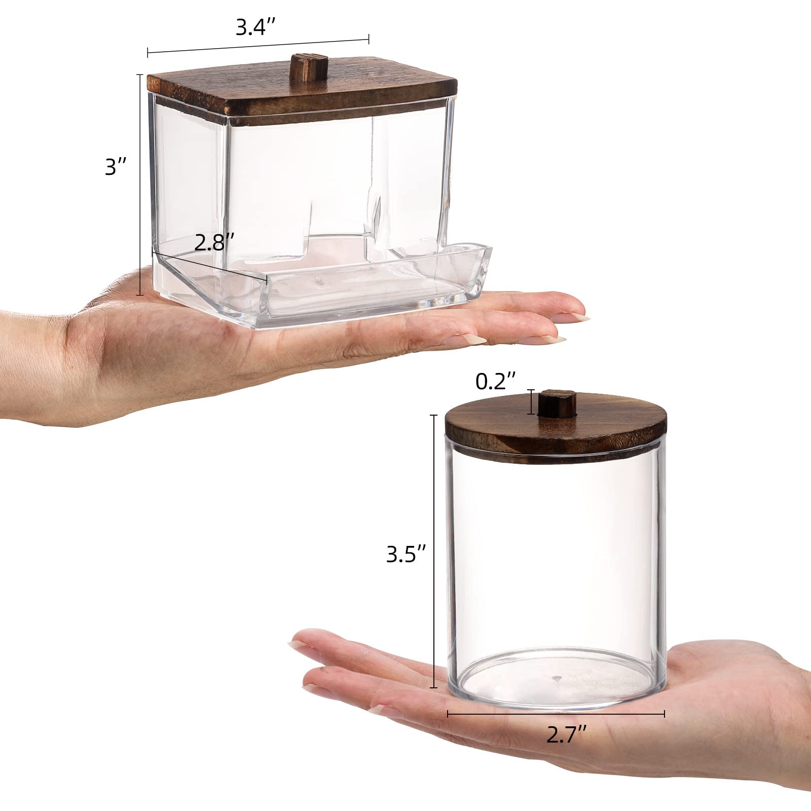 Tbestmax Qtips Holder with Brown Wood Lids - 10/7 OZ Cotton Ball & Swab Dispenser - Apothecary Storage Jar for Bathroom Organization (2-Pack) - Perfect for Vanity, Makeup Counter & Spa Decor