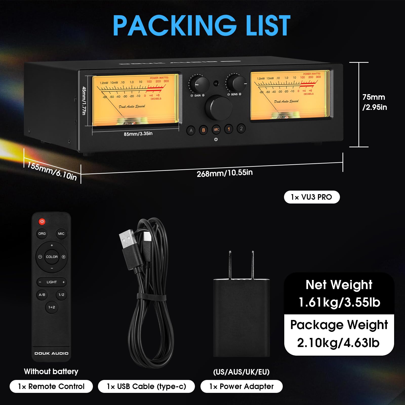 Douk Audio VU3 PRO Dual Analog VU Meter & 2-Way Amplifier Switch - 2-IN-2-OUT Speaker Selector with DB Panel Display for Home Stereo & Professional Audio Systems