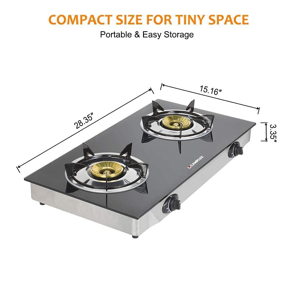 Camplux 2 Burner Propane Gas Cooktop with Tempered Glass & Auto Ignition - Portable Outdoor Stove for Camping, RV, Picnics & Backpacking