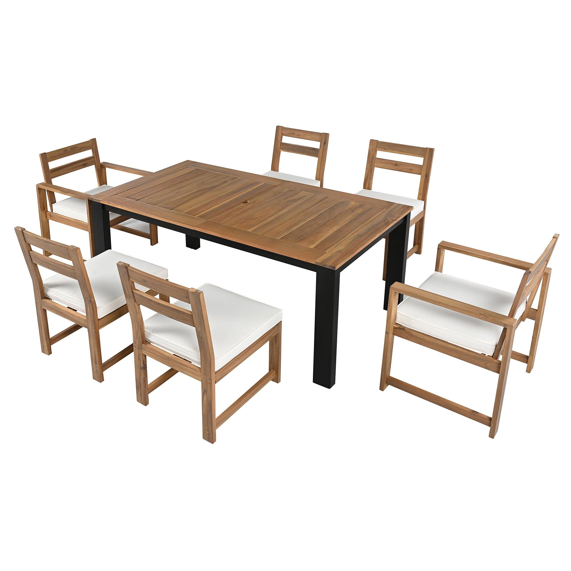 7-Piece Outdoor Patio Dining Set - Wooden Table with Umbrella Hole & 6 Chairs (2 Armchairs + 4 Side Chairs) for Garden, Backyard, Poolside - Perfect for BBQs, Family Gatherings & Outdoor Entertaining