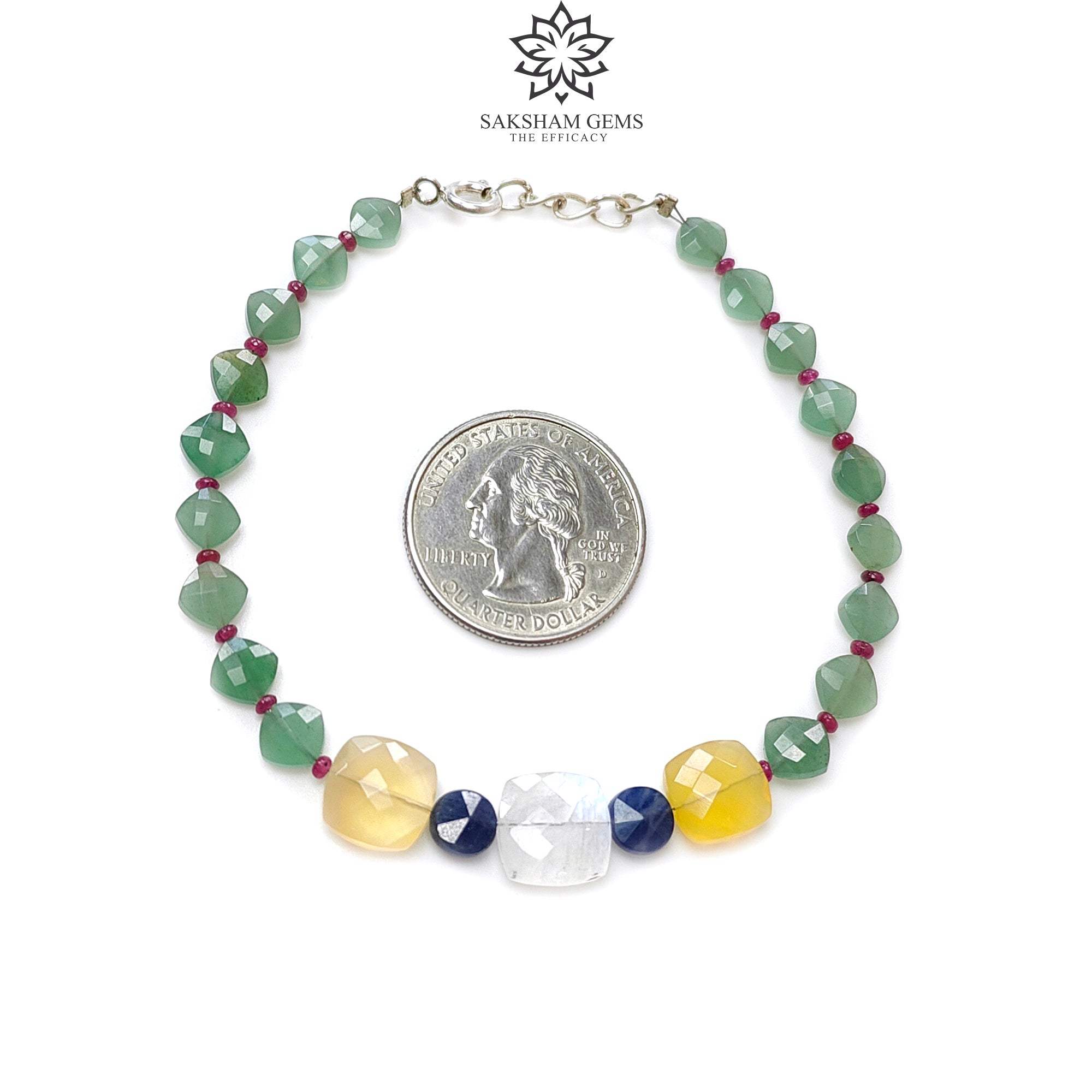 Green Quartz Yellow Opal Moonstone Sapphire Ruby Gemstone Beaded Bracelet - 925 Sterling Silver Checker Cut 8.5